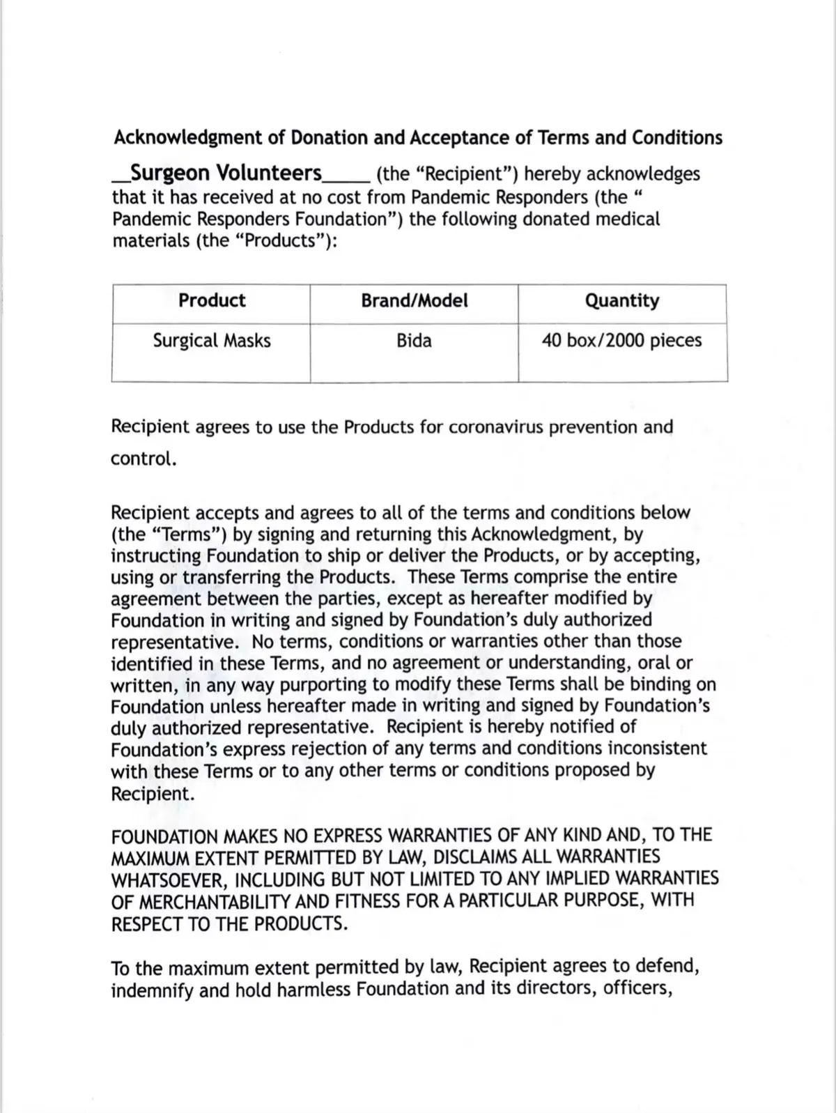 Pandemic Responders Donates 2000 Medical Surgery Masks To Heidi